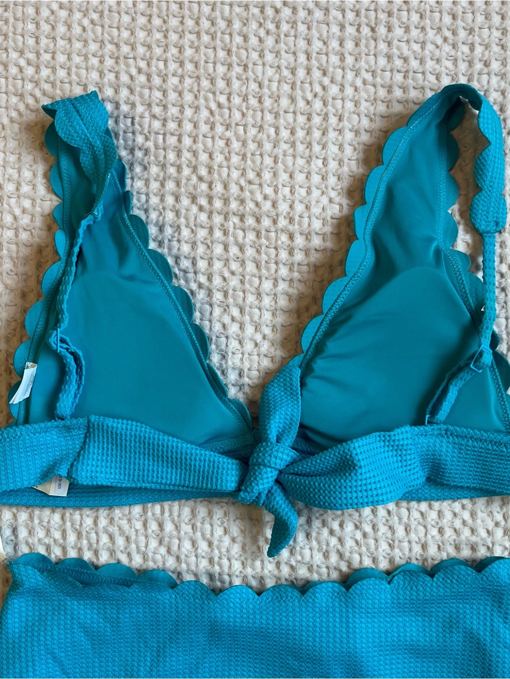 Aerie Teal Waffle Knit Scalloped Bikini Set V-Neck High Waisted Swimsuit Size M - Picture 4 of 4